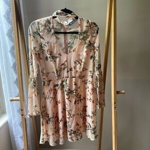 Lac Bleu floral pink Keyhole Neck Bell-sleeve mini dress size M
